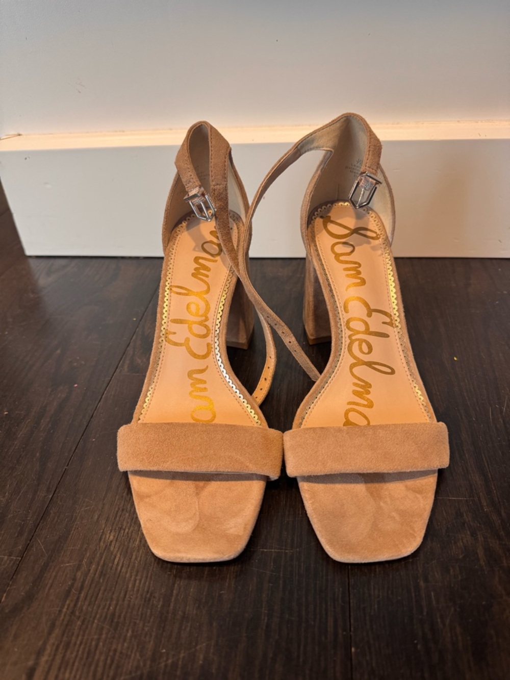 Sam Edelman Tan Suede Block Heel Sandals with Ankle Strap